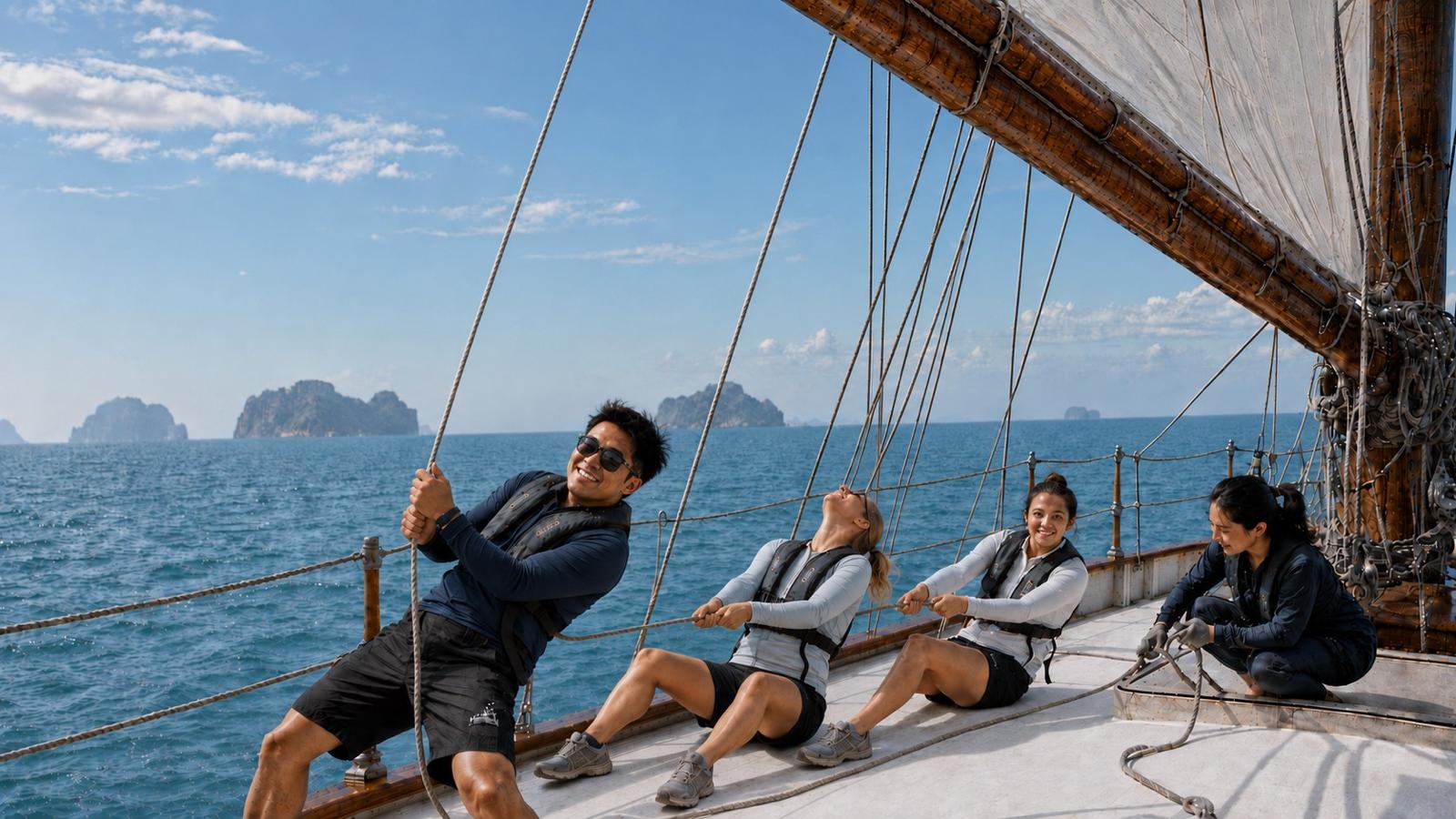 Crew working sail aboard Seraph during a corporate RYA training passage in the Andaman Sea