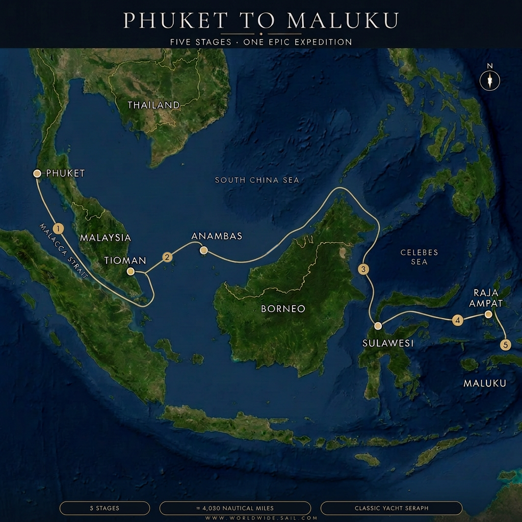 Satellite expedition map showing the five-stage Seraph voyage from Phuket via Tioman, Anambas, Borneo and Sulawesi to Raja Ampat and Maluku