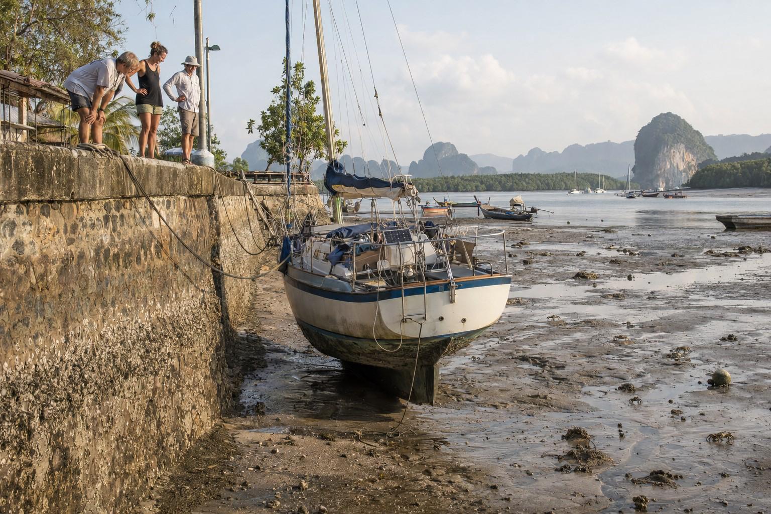 Seraph moored at a stone quay in Thailand at low tide, karst islands in the distance